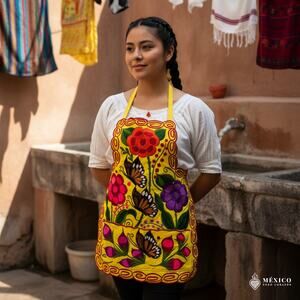 Mexican Embroidered Bib Apron for Women – Multicolor with Floral Design
